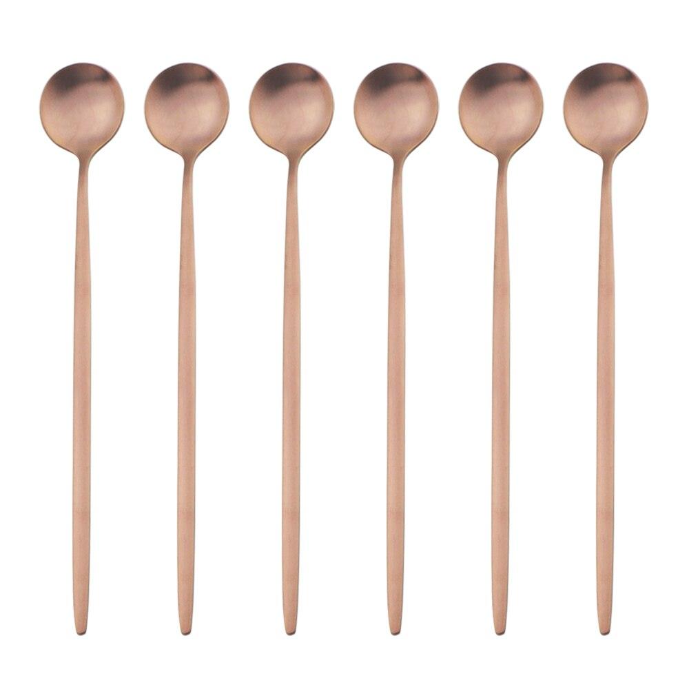6-teiliges Gold-Löffel-Set mit langem Griff, mattierter Edelstahl, poliert, zum Rühren, für Getränke, Eis, Dessert, Teelöffel, Geschirr rose gold