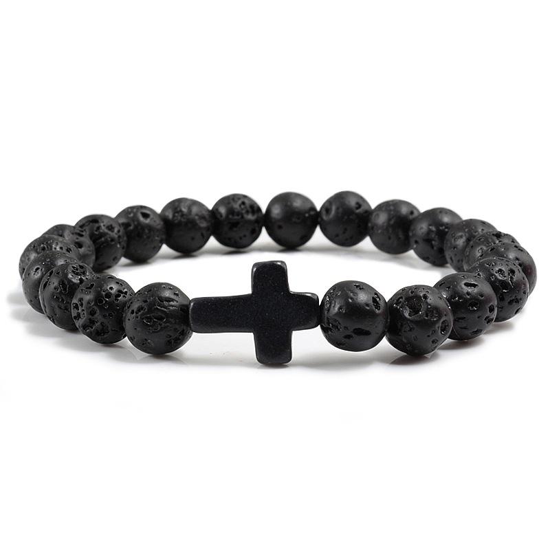 8mm Perlen Kreuz Armbänder für Damen Herren Naturstein Elastisches Stretch Gebetsarmband für Damen Freundschaft Kreuz Geschenke lava