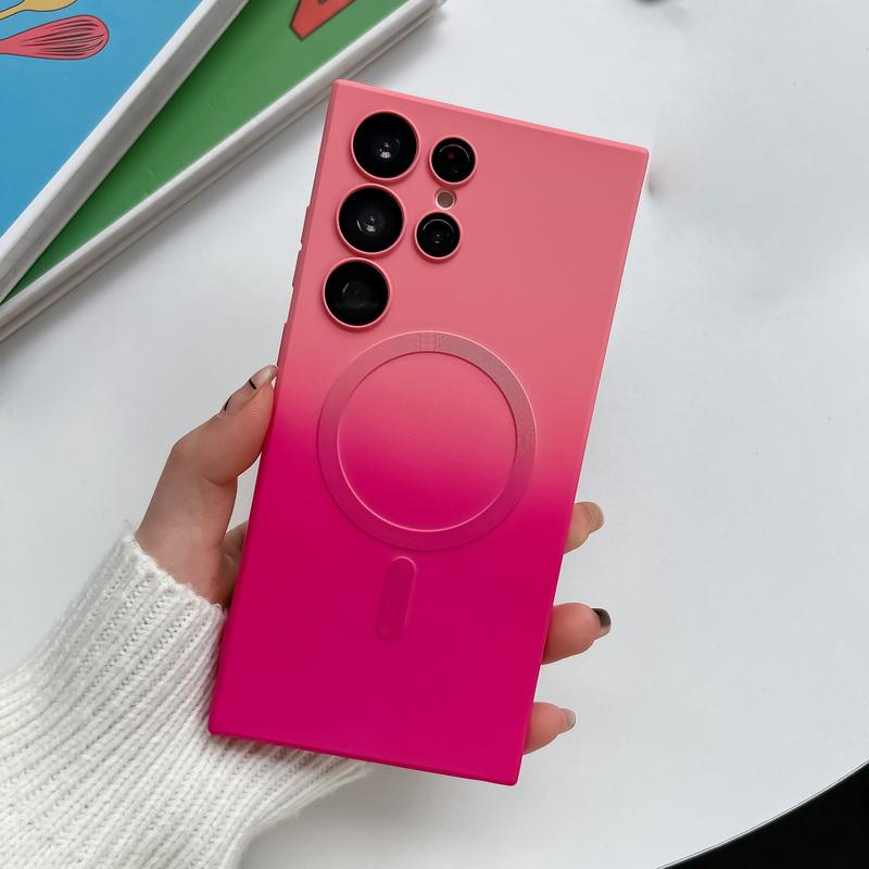 Handyhülle mit Farbverlauf und zweifarbiger Linie für Samsung S25 Ultra S24 S23 Plus S22 Ultra Einfache stoßfeste TPU-weiche Magnetschale Crossbody-Handyhülle mit Lanyard Samsung S24 Ultra hellrosa/heißes rosa