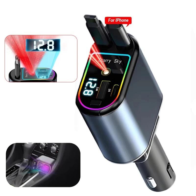 4-in-1-Autoladegerät, 120 W, PD + USB-Schnellladegerät mit 2 einziehbaren Kabeln, Atmosphärenlampe, Stern-Top-Licht, Schnellladeadapter für iOS- und Android-Telefone