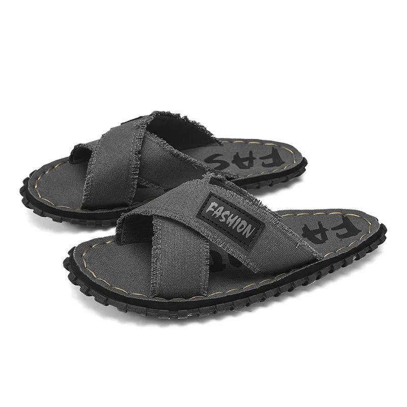 Sommer Herren Canvas Hausschuhe Stoff Zuhause Herren Hausschuhe Outdoor Gummi Flach Herren Sandalen Lässige Pantoletten Hausboden Hausschuhe 42 grau