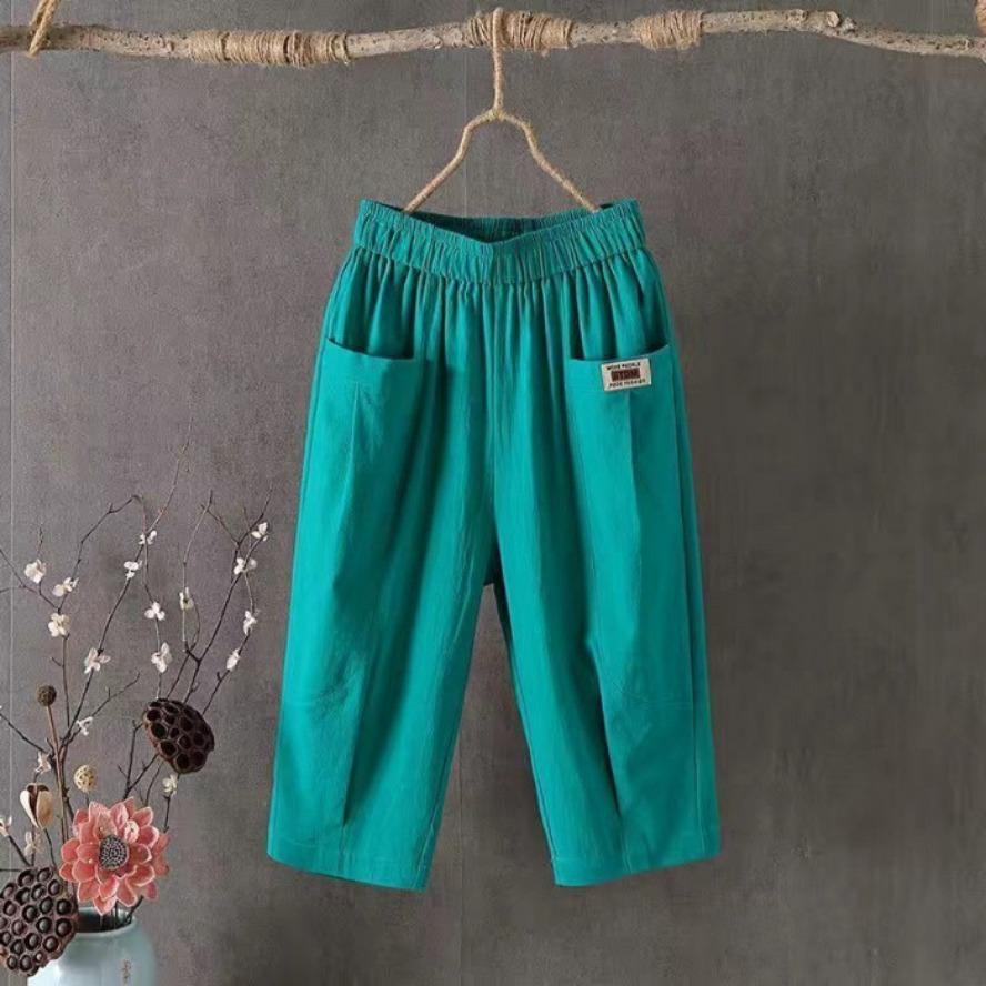 YYFS Baumwolle Hanf Cropped Hosen Damen Frühling Sommer Übergröße Locker Leinen Elastische Taille Hose XXXXL grün