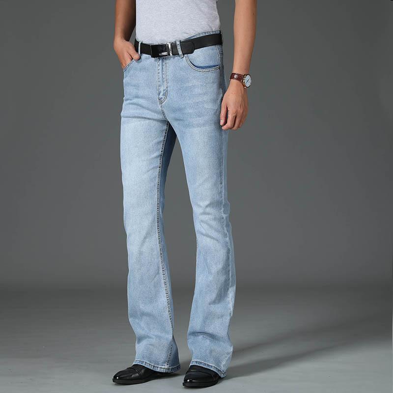 Ausgestellte Jeans für Herren, Boot-Cut-Bein, ausgestellte, männliche Designer-Klassiker-Denim-Jeans, hohe Taille, Stretch, lose ausgestellte blaue Jeans 34 hellblaue