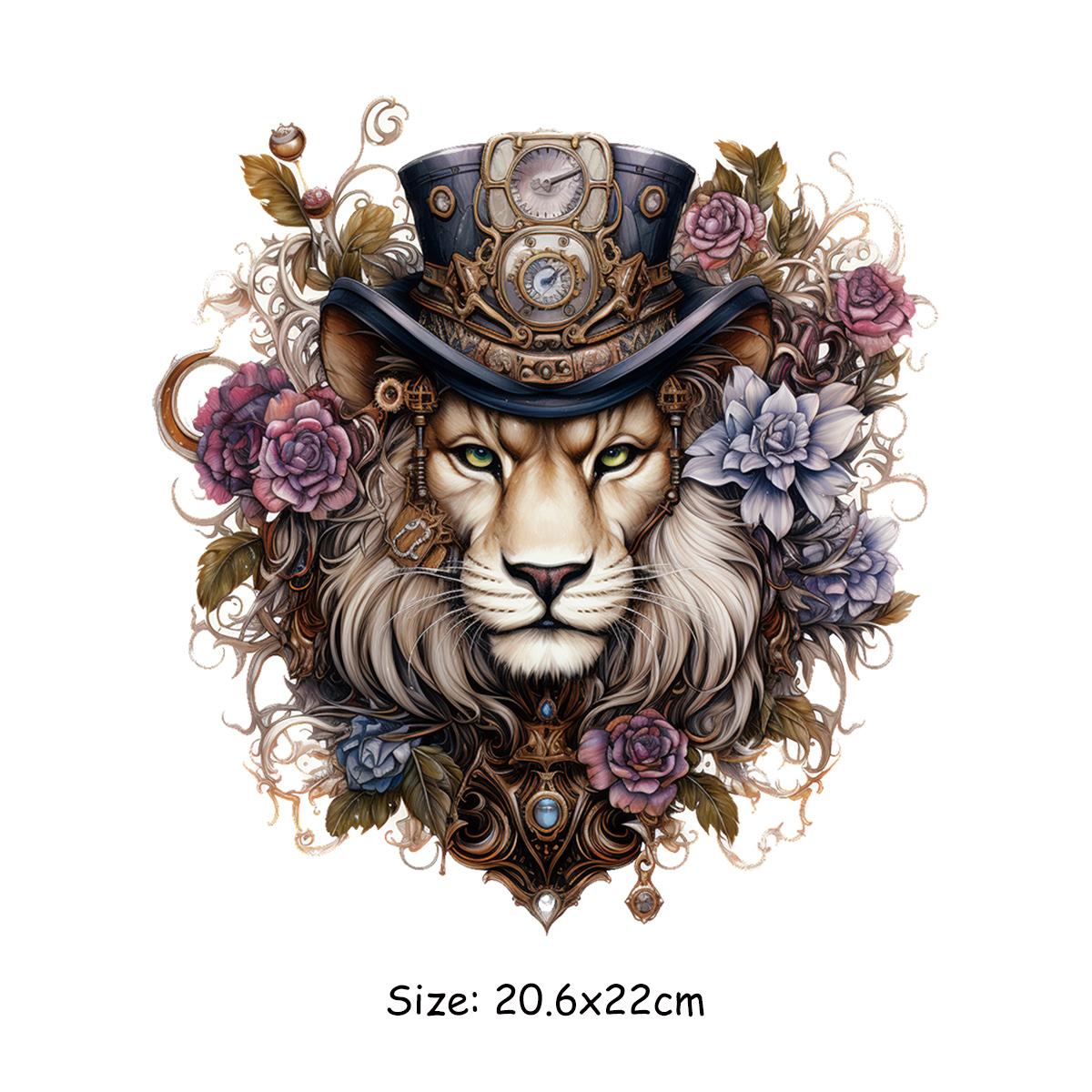 1/2 Stück, Majestätischer Löwe Wärmeübertragungsaufkleber, Tieruhr Zylinder Blumen Aufbügel-Abziehbild, Für Taschen T-Shirt Pyjama