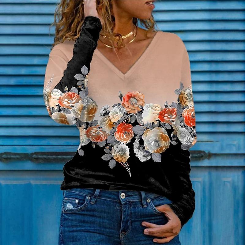 3D-Druck Rose Frauen T-Shirts Damen Tops Langarm V-Ausschnitt Pullover Femme T-Shirts T-Shirt für Frauen 8XL orange
