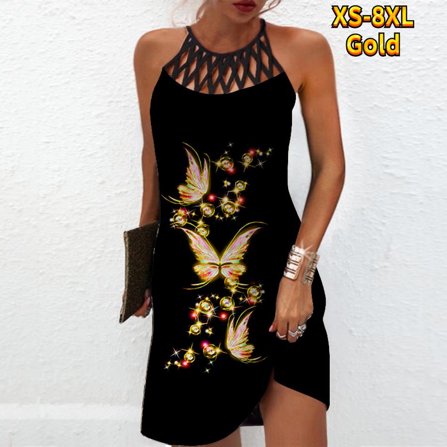 Sommer Mode Sexy Ärmelloses Kleid Weiche Casual 3D Schöne Schmetterling Print Kleid Ärmelloses Sling Kleid Sommer Hosenträger Kleid M gold