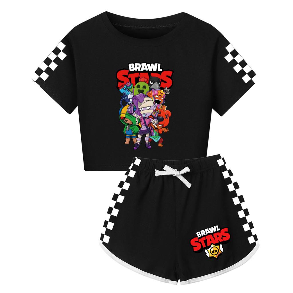 4094 Kinder Mädchen Brawl Stars Aufdruck Kurzarm T-Shirt Shorts Hose Sportkleidung Set 170cm schwarz