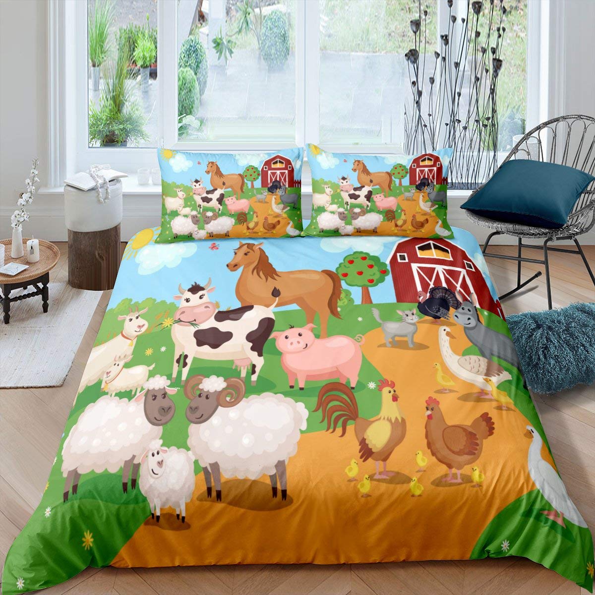 Bettbezug mit Cartoon-Motiv, Gelbe Ente, King-Size-Bett, Queen-Size-Bett, Bauernhof, hübsches Tier-Bettwäscheset, blauer Bettbezug mit Luftpolsterfolie, weicher Bettbezug aus Polyester EU single(135x200cm)