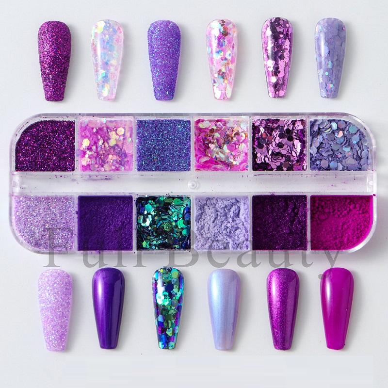12 Gitter/Box Nagelglitter Aurora Spiegelpulver Perlenmuschel Reibpigment Seife Glitzer Charm Nails Art Design