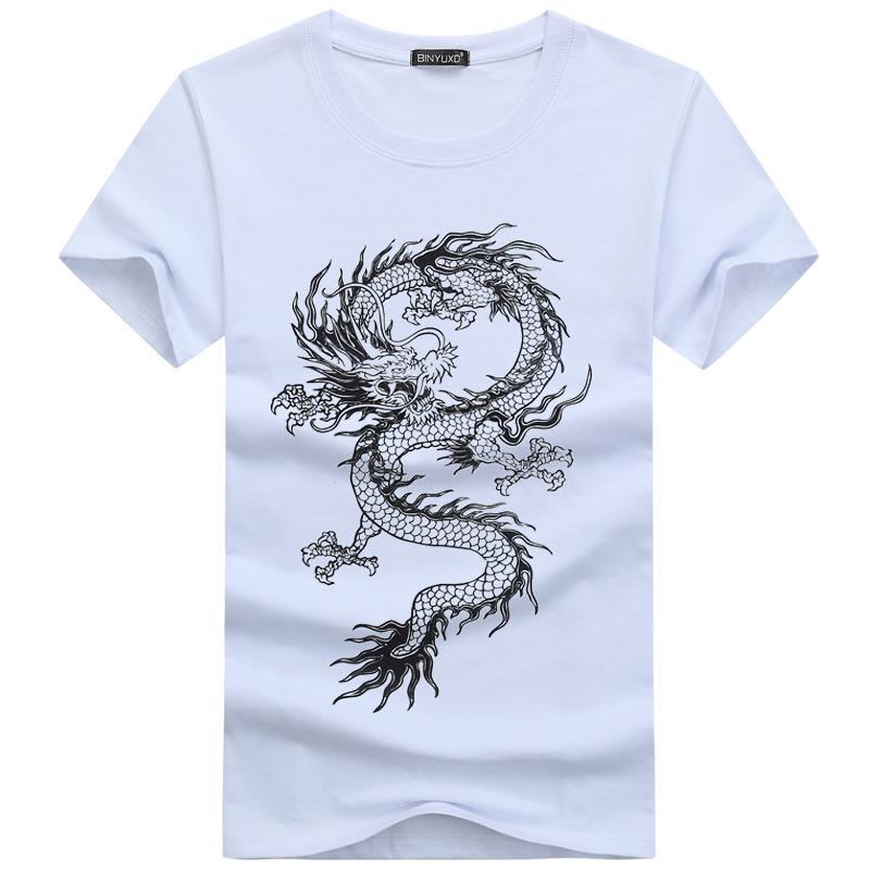 Herren-T-Shirt aus Baumwolle mit Drachen-Motiv, kurzärmelig, große Größe, Streetwear, lockeres lässiges T-Shirt 3XL weiß