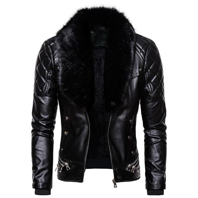 Punk-Stil Herren Wintermode Abnehmbarer Pelzkragen Reverskragen Coole verdickte Lederjacke Lederkostüm S schwarz