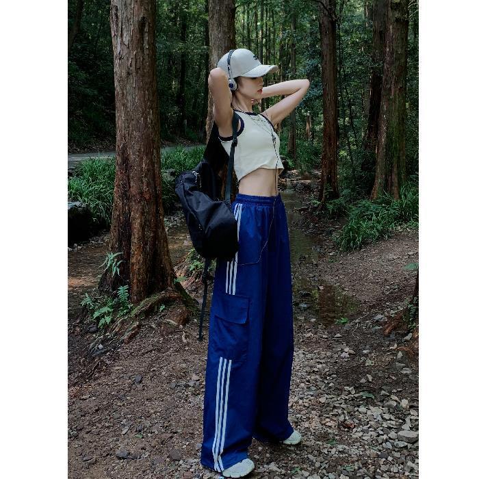Streifen Patchwork Frauen Cargo Hosen Amerikanischen Stil Streetwear Lose Breite Bein Hosen Y2K Weibliche Hip Hop Jogginghose M blau