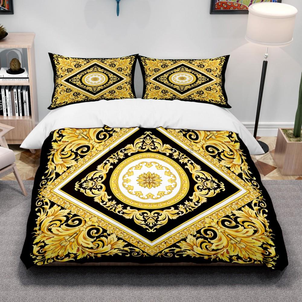 Luxuriöses, modernes Bettwäsche-Set aus Baumwollstoff mit Digitaldruck in Goldoptik, bestehend aus Bettbezug, Spannbettlaken und Kissenbezügen. Heimtextilien AU King(240x210cm)