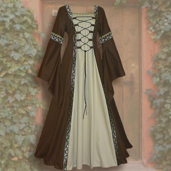 Damenmode Vintage Keltisches Langarm Mittelalterkleid Bodenlanges Renaissance Gothic Kleid Cosplay Halloween Kostüm L khaki