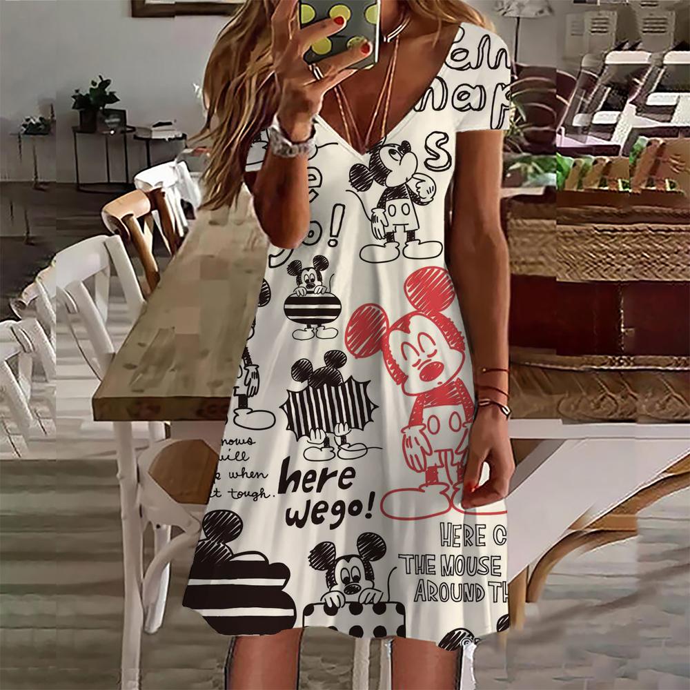 Neue 2024 Sommerkleider Damen Disney Mickey Mouse Print Kleid Damen Kleidung Casual Retro Kurzarm Lose Plus Size Kleid 5XL white