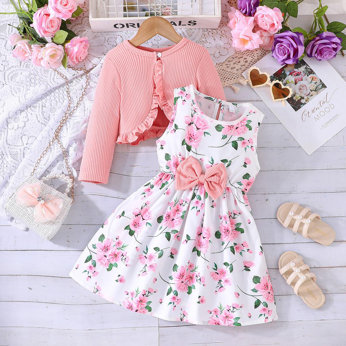 Kinder 2-8Y Röcke Frühling und Herbst Modelle Baby Bunte Neckholder Kleid + Einfarbig Jacke Mode Baby Anzug 6Y rosa