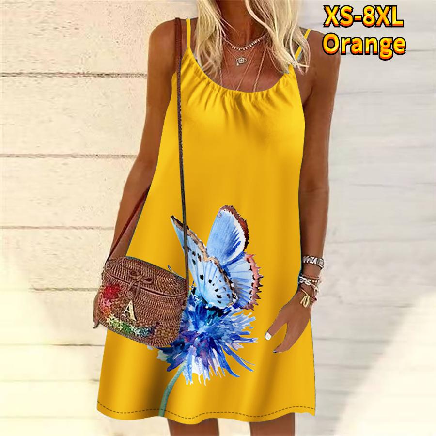 Frauen Blume Schmetterling Bestäubung Gedruckt Mini Kleid Ärmelloses Party Kleid Sommer Strand Kleid Sommerkleid XXL