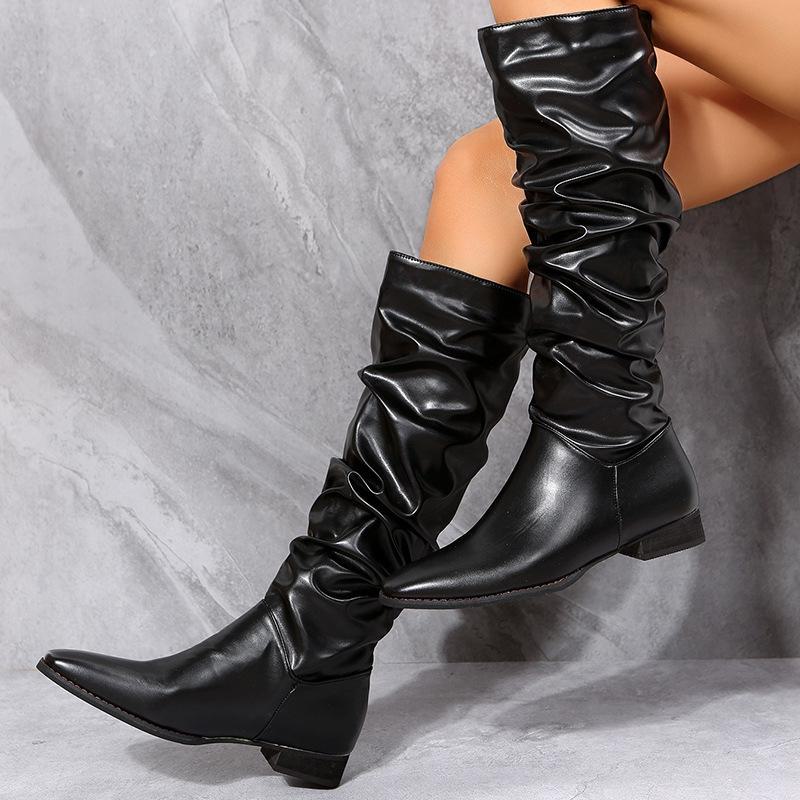 2022 Herbst/Winter Damenmode Niedriger Absatz Hoher Schaft Stiefel – Europäischer & Amerikanischer Stil, Einfarbig, Auf Lager 40 schwarz