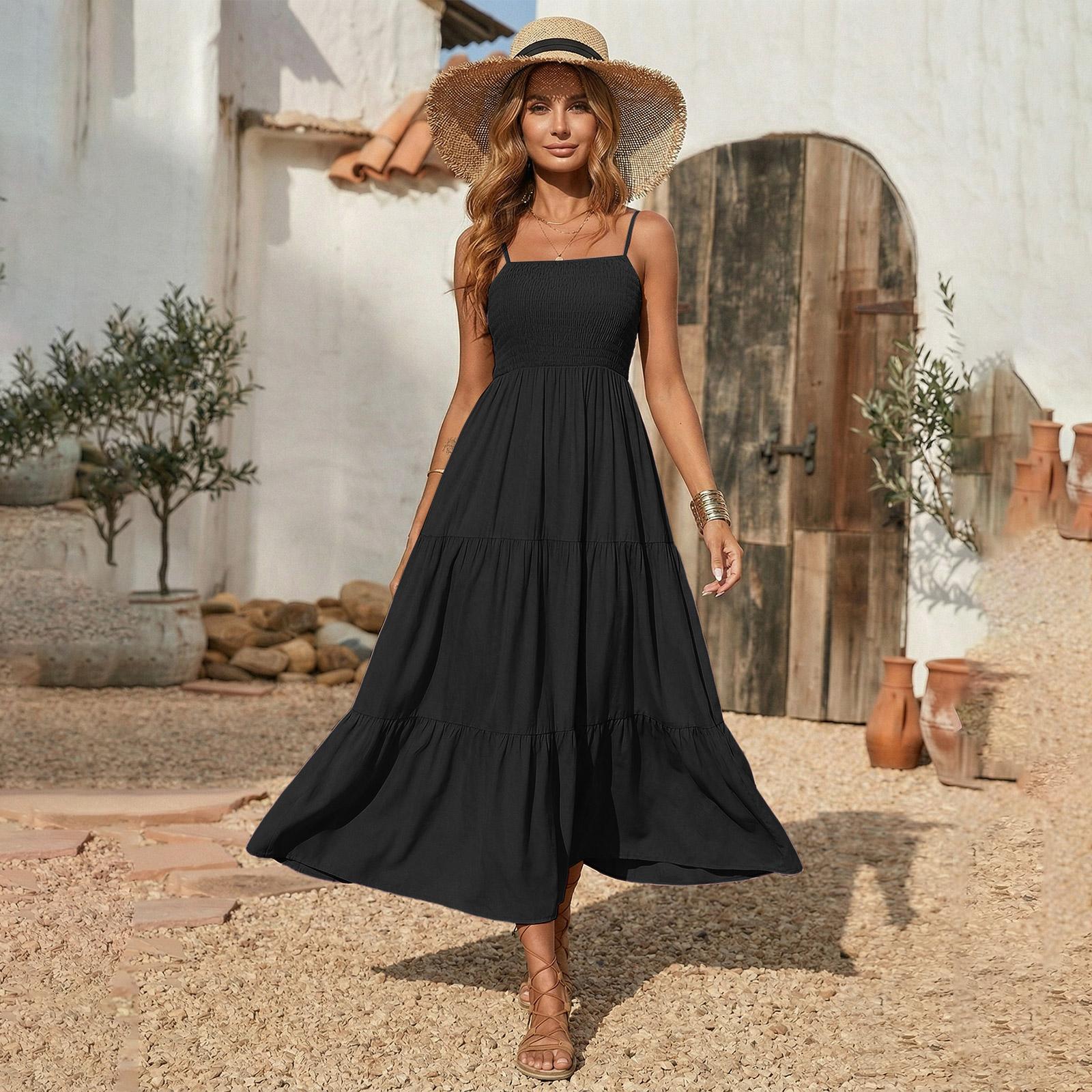Sommerkleider für Damen UK Ärmelloses Stufen-Maxikleid Lässige Fließende Kleider für Damen UK Karree-Ausschnitt Damenkleider XXL schwarz