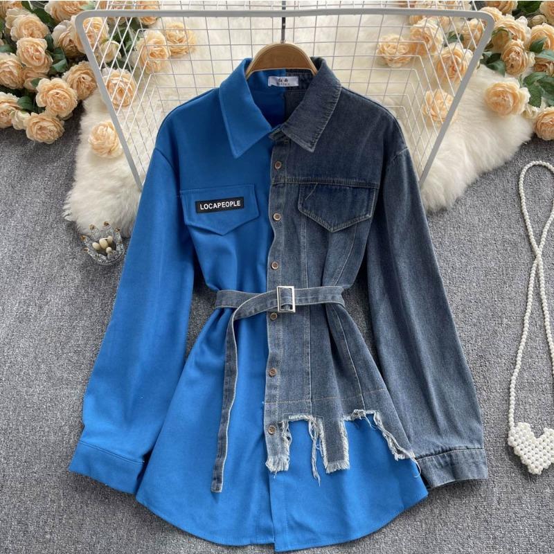 Herbst-Damen-Denim-Splicing-Revers-Hemd, tailliertes, unregelmäßiges mittellanges Hemd One Size blau