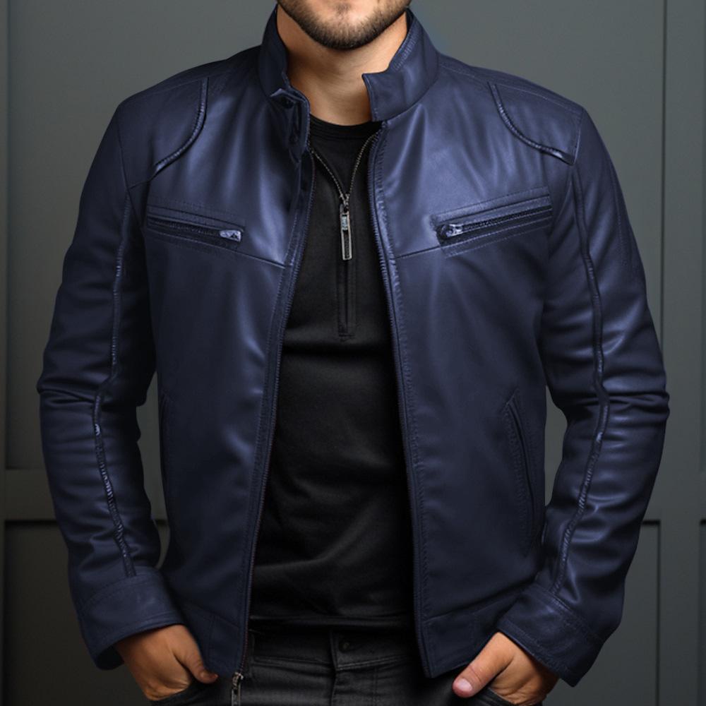 Herren Business Lederjacke für Frühling und Herbst, Modische Stehkragen Freizeit Lederjacke für Herren L navy blau