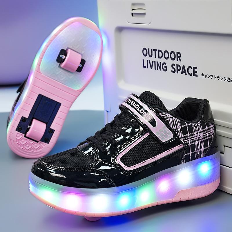Kinder Rollschuhe Jungen und Mädchen Doppel-Rollschuhe LED-Leuchtschuhe Deformierte Räder Schuhe 41