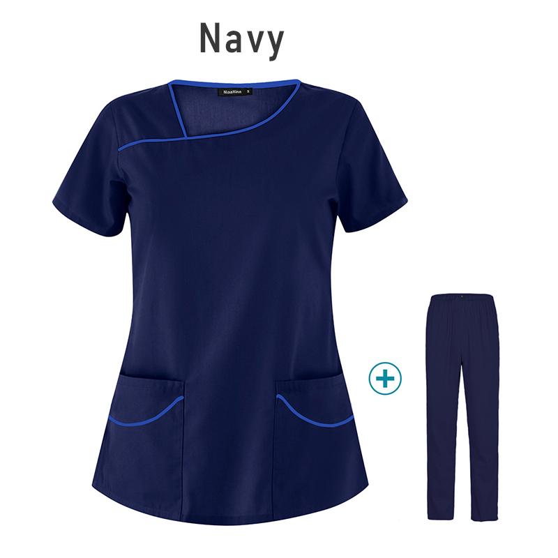 Krankenpflege-Bekleidung für Damen, Uniformen, Haustierpflege-Bekleidungsset, kurzärmeliges Oberteil mit V-Ausschnitt und Hose, Arztanzüge, medizinische Chirurgie, Arbeitskleidung S dunkelblau