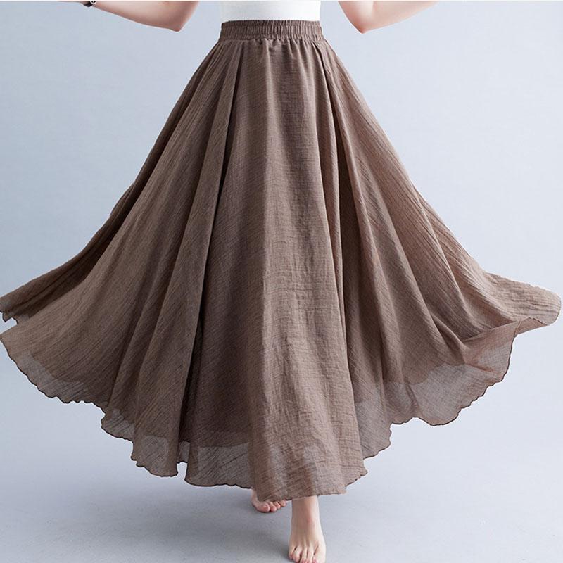 Sommer Herbst Damen Rock Literarisch Große Baumwolle Leinen Halbrock Elastische Taille Leinen A-Linie Rock Langer Abschnitt Reine Farbe Wind Swing Rock M khaki