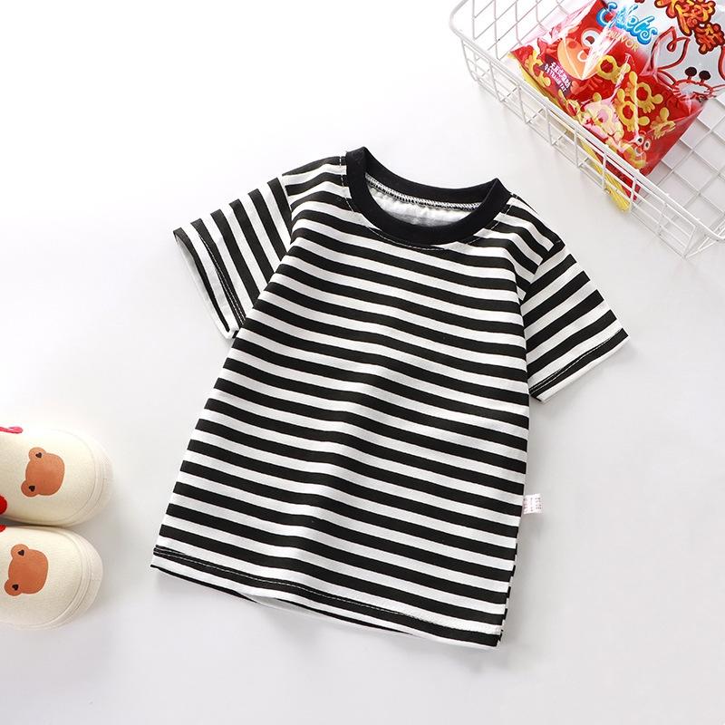 Jungen Mädchen Gestreifte T-Shirts Kinderkleidung Freizeit Kurzarm Rundhals Baumwolle Oberteile T-Shirts Kinderkleidung Sommer 90 schwarz