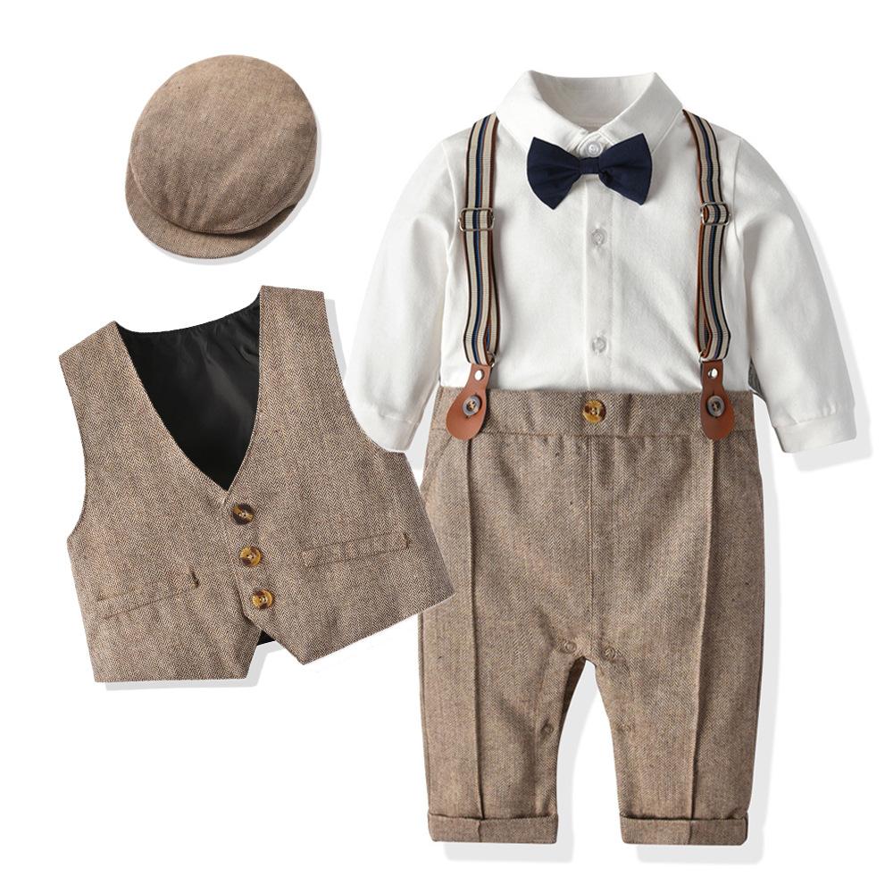 Baby Anzüge Neugeborenen Jungen Kleidung Strampler + Weste + Hut Formelle Kleidung Outfit Party Fliege Kinder Geburtstag Kleid 73cm braun