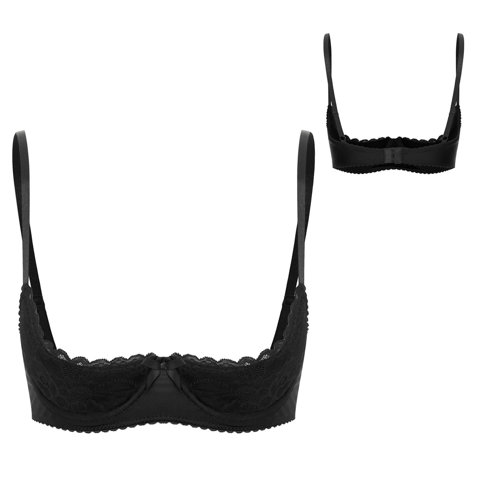 Frauen Plus Größe Spitze Trim Bügel 1/4 Tasse Vorne Offen BH Top Push-Up Regal Balconette Büstenhalter Korsett Unterwäsche S schwarz