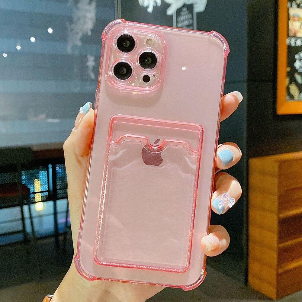 Silikonhülle mit Kartenhalter für iPhone 13 12 11 Pro Max XR XS 7 8 Plus SE 2020 Handyhülle Weiche stoßfeste klare Schale iPhone 12 Pro rosa