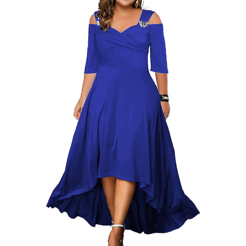 Plus Size Damen Sommer V-Ausschnitt Schulterfrei Midikleid Damen Elegantes Partykleid Swing Kleider Abendkleid XXXXL blau