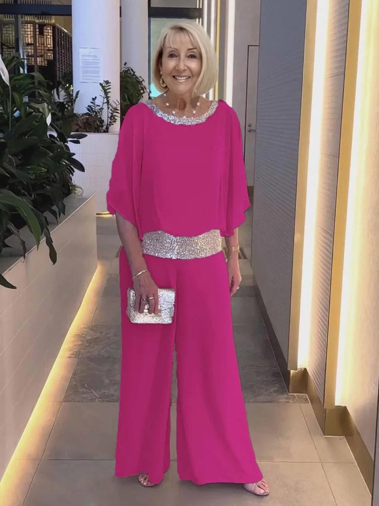 Europa und die Vereinigten Staaten Damen Anzug Rundhals Pailletten Farbe Blockieren Fledermaus Hemd Breite Bein Hosen Anzug Weibliche L