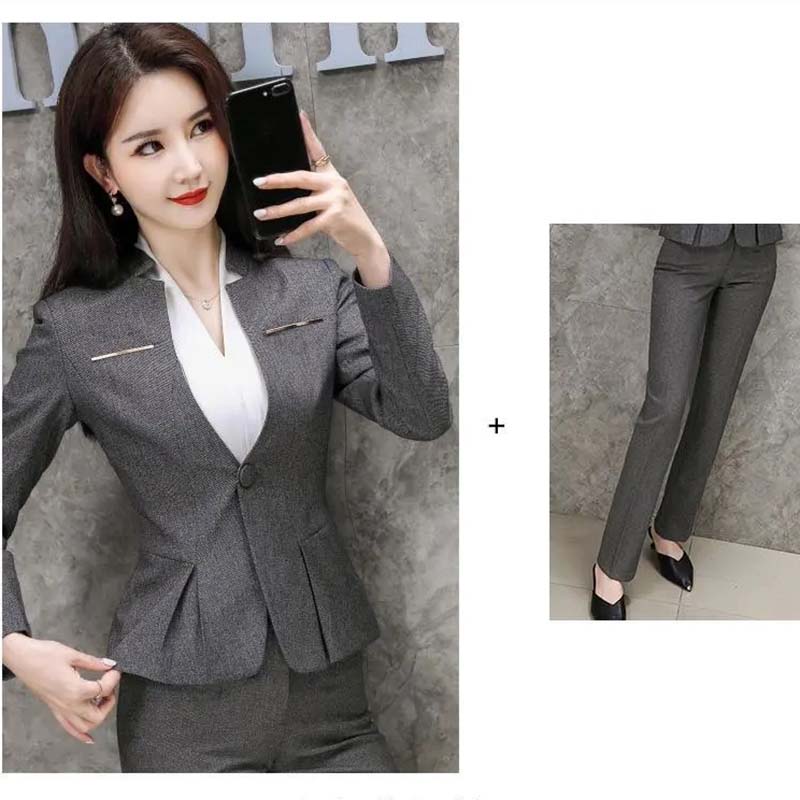 2-teiliger professioneller Blazer-Anzug für Damen, langärmeliger Anzug für Frühling und Herbst, neues Temperament, Verkaufsanzug, Anzug für Vorstellungsgespräche, formelle Arbeitskleidung XXL grau