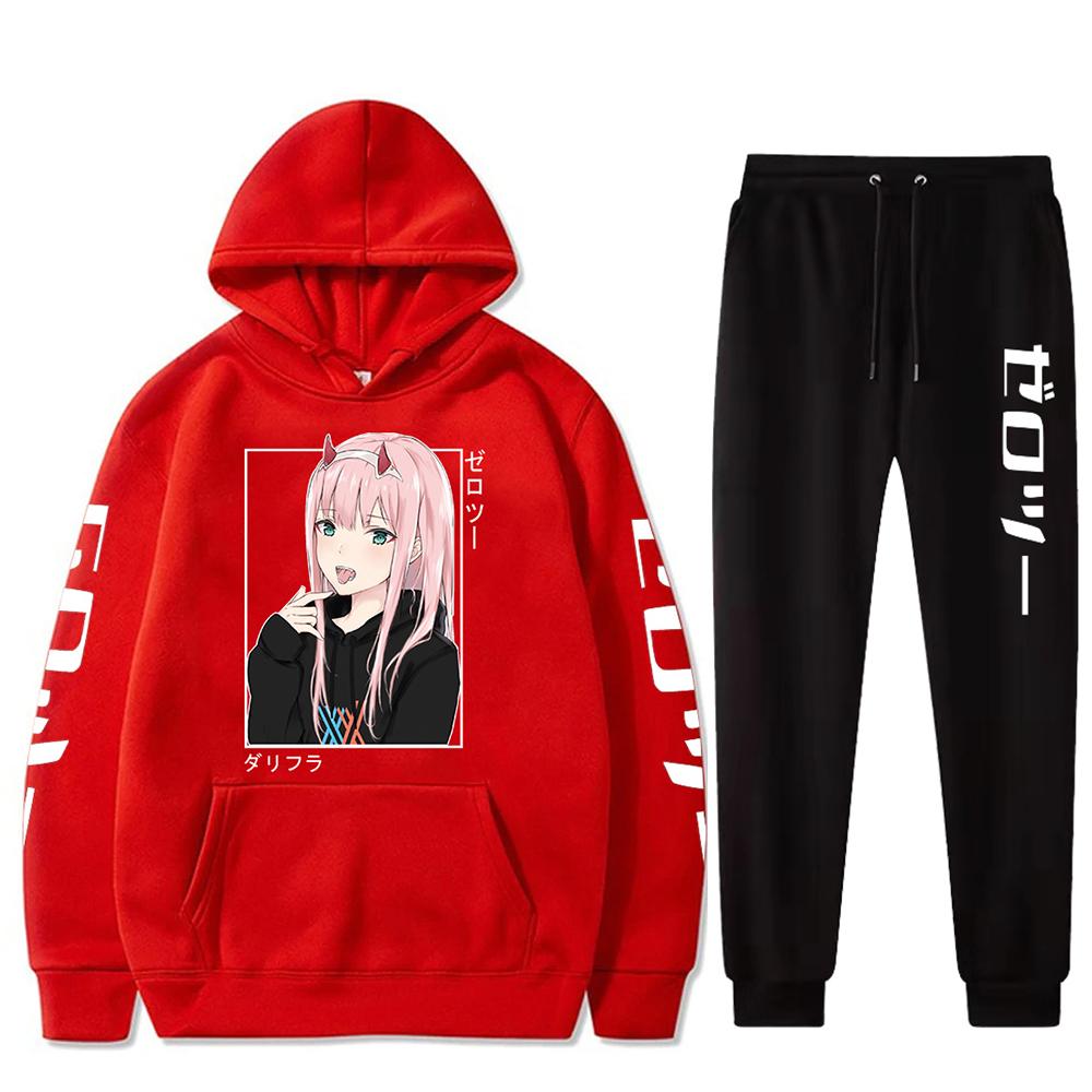 Neue Mode Set Kawaii Anime Darling In The Franxx Männer Frauen Unisex Hoodies Sweatshirts Zero Two Hoodie Hosen Harajuku Jogging anzüge 2XL rot