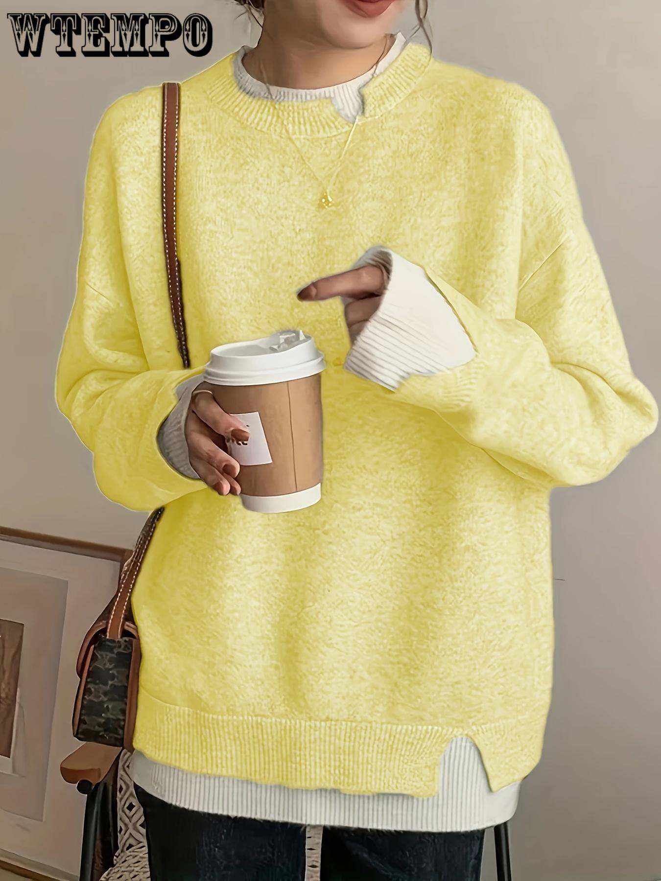 Übergröße 2-in-1 Colorblock Strickpullover, Lässiger Langarm-Pullover für Herbst & Winter, Damen Übergrößen-Bekleidung One Size gelb