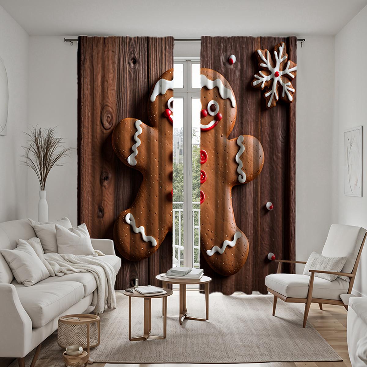2 stücke HD Weihnachtsdekor Lebkuchenmann Weihnachtskugel Schaumdekorvorhänge Gelbe Krawatte digital bedruckte Vorhänge Wohnkultur Stall W52H95inchW132H241cm