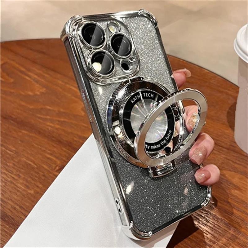 Für iPhone 17 16 15 Pro Max Luxus Beschichtung Magsafe Magnetischer Ständer Blitz Handyhülle Für iPhone 11 12 13 14 15 16 Pro Objektiv Schutzhülle iPhone 16 Pro Max silber