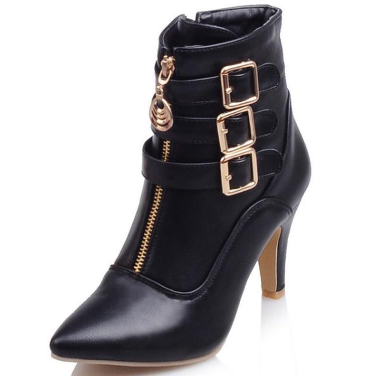 Damenschuhe Stiefel Frühling High Heels Stiefeletten Spitze Zehe Schnalle Stiefel Reißverschluss Damenschuhe Weiß Große Größe 2025 39 schwarz