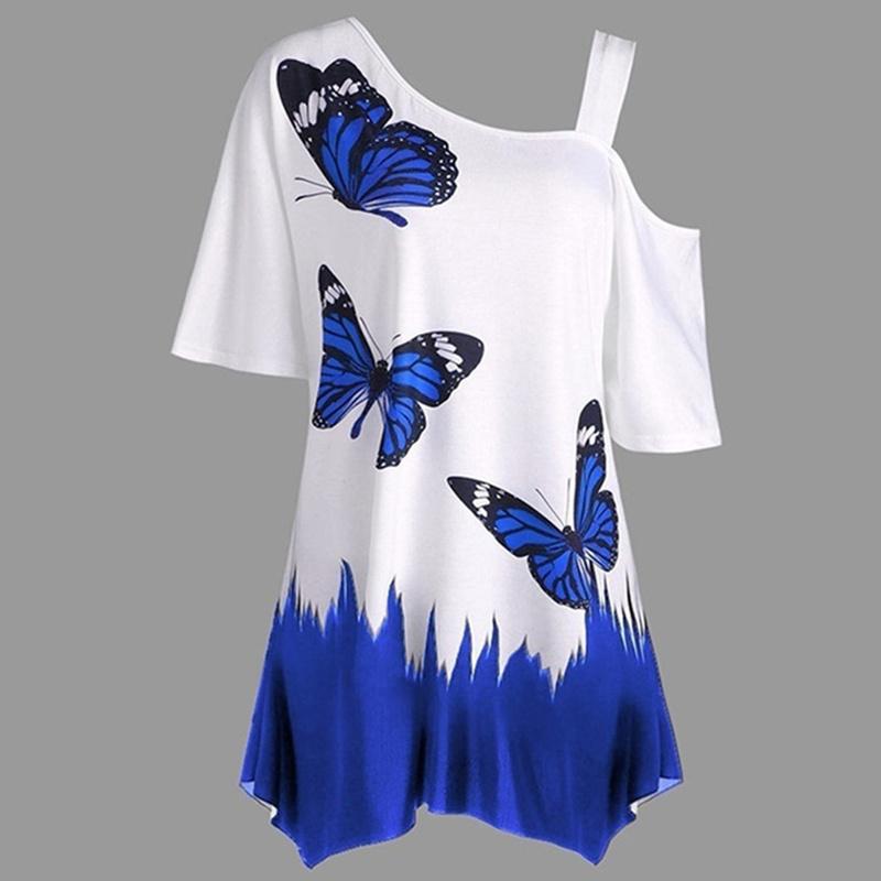 Frauen Mode Schmetterling Druck Eine Schulter Kurzarm Tunika T-shirt Lose Bluse Tops Plus Größe Mode T-shirt M blau