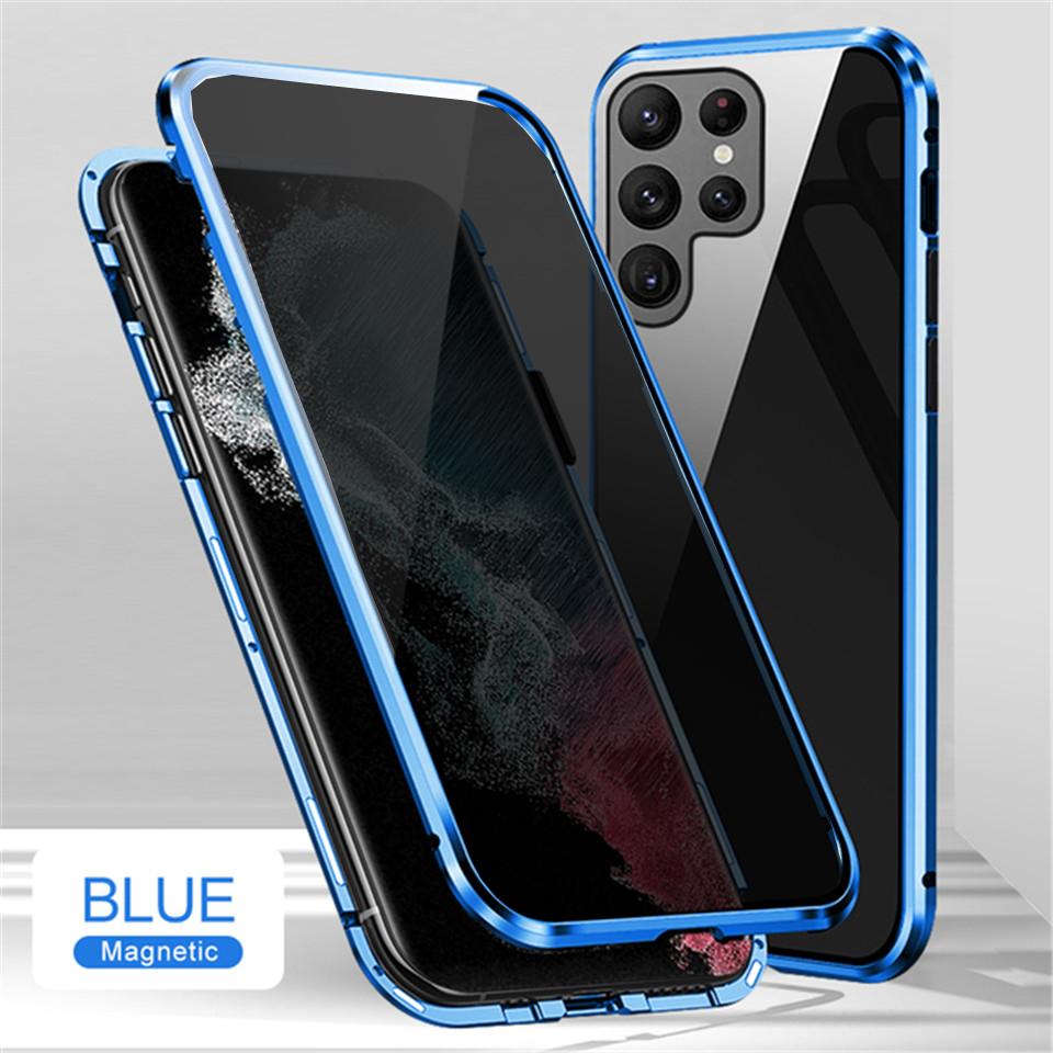 Privatsphäre Metall magnetische doppelseitige Glas für Samsung S23 S22 S21 S20 Ultra S20 S21FE Hinweis 20 Ultra A34 A14 A54 A53 A52 A71 Fall Samsung S10plus blau