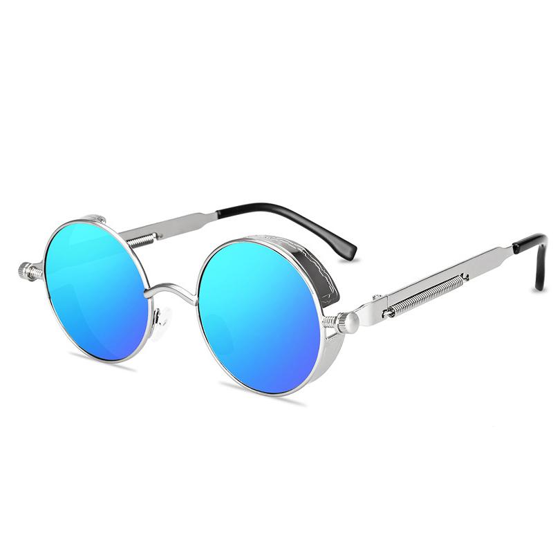Klassische Gothic Steampunk Sonnenbrille Herren Damen Vintage runder Metallrahmen Sonnenbrille nicht polarisierte Brille blau/silber