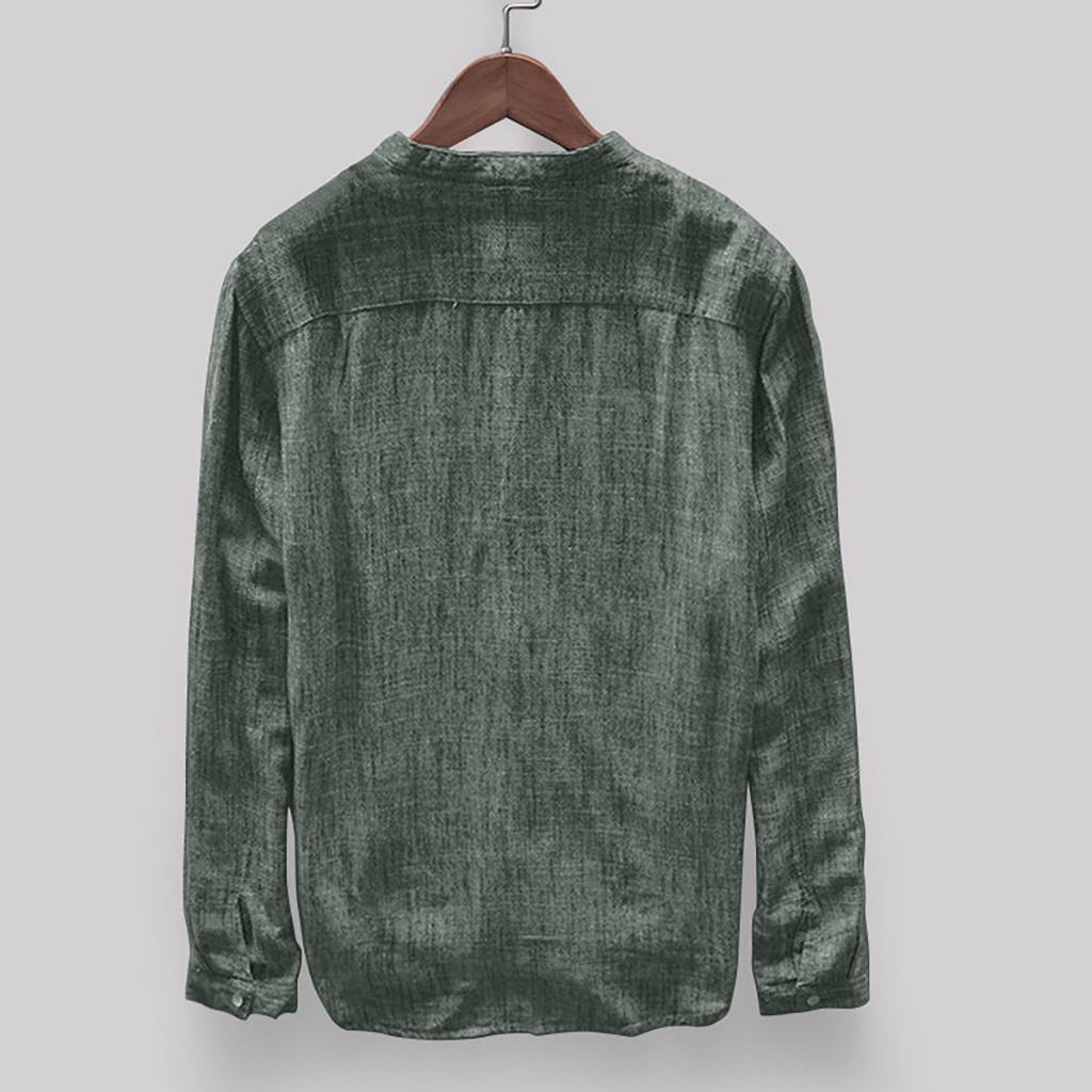 Herren Retro Hemd Einfarbig Baumwolle Leinen Stehkragen Langarm Übergröße Hemd 4XL grün