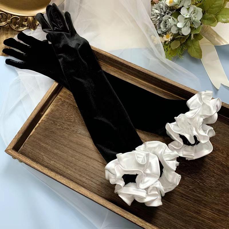 Braut Hochzeitskleid Satinhandschuhe Puffärmel Dekoration Personalisiert Lange Samthandschuhe Abendkleid Accessoires black