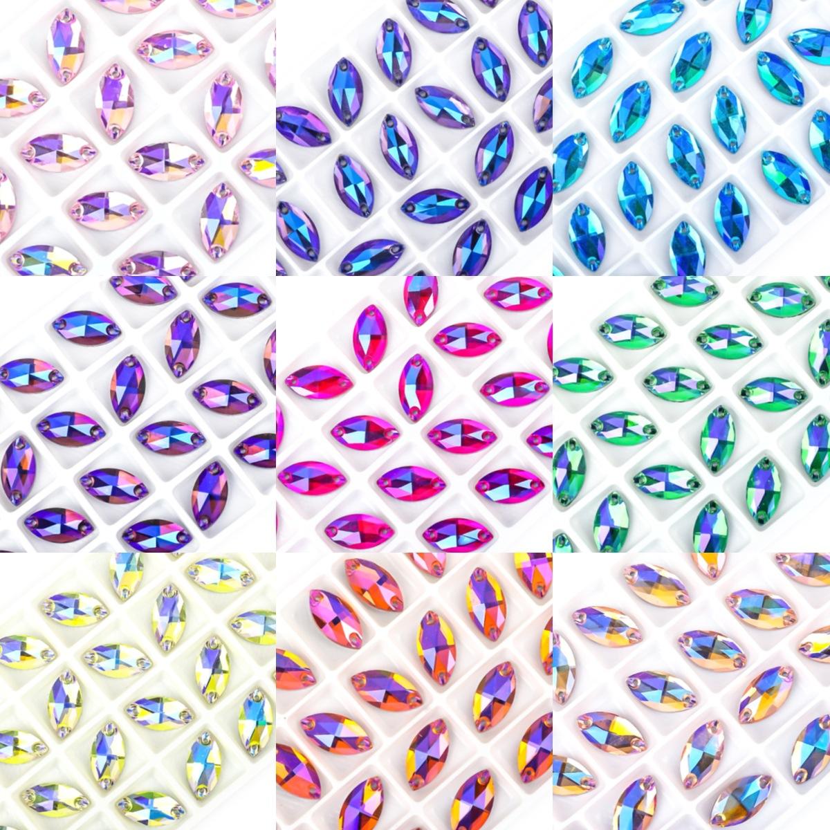 Weichen Flachboden Bunt AB Farbe Handgenäht Pferdeaugen Bohrer Glas Flacher Knopf Handgenäht Diamant Kleid Hochzeitskleid Accessoires 6 * 12Mm 72pcs/bag