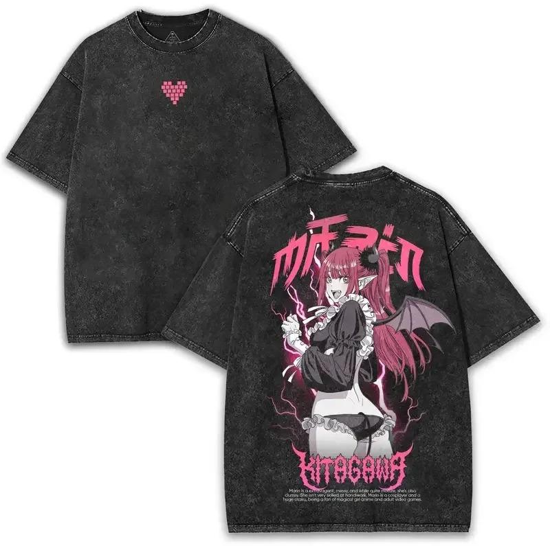 Mein Dress-Up Darling Marin Kitagawa Teufel Cosplay Vintage Säurewaschung Beidseitig Grafik Oversized Schwarzes T-Shirt | Anime Fan Streetwear Merch Tee XXXL