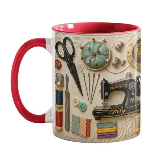 Personalisierte Näh-Tasse Gestickte Kaffeetasse mit Nähmaschinen-Design Tasse für Frauen Näherinnen Quilterinnen Bastler Kreatives Geschenk für Mama Oma Feiertag 1pc rot