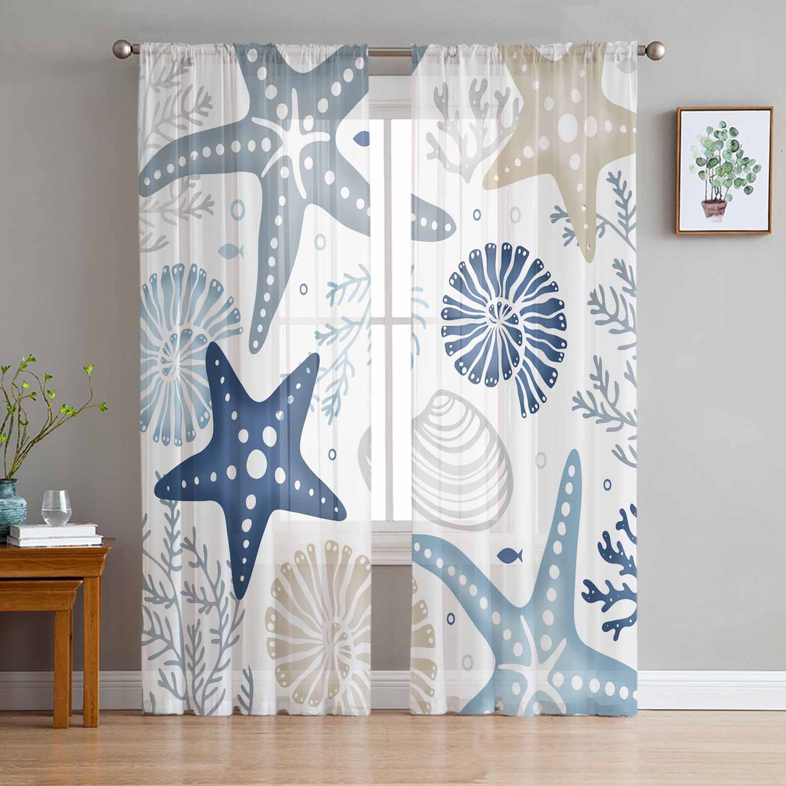 Meeresorganismen Korallen Seesterne Muscheln Transparente Gardinen zur Wohnzimmerdekoration Fenstergardinen Küche Tüll Voile Gardinen W135 x H137cm x1 white