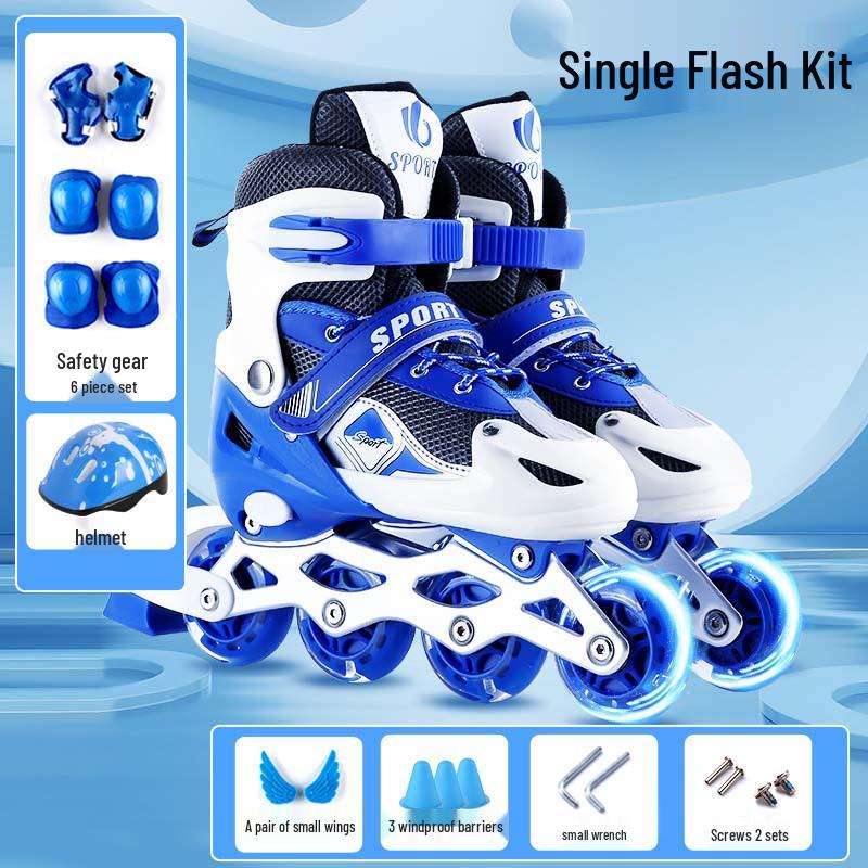 Verstellbares Kinder-Inline-Skates-Set mit PVC-Blinkrollen, Helm und Schutzausrüstung Adjustable Large (Fits Size 37-41)
